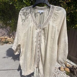 NWT Queenspark Cream Crochet-Trim Peasant Top size 12 L